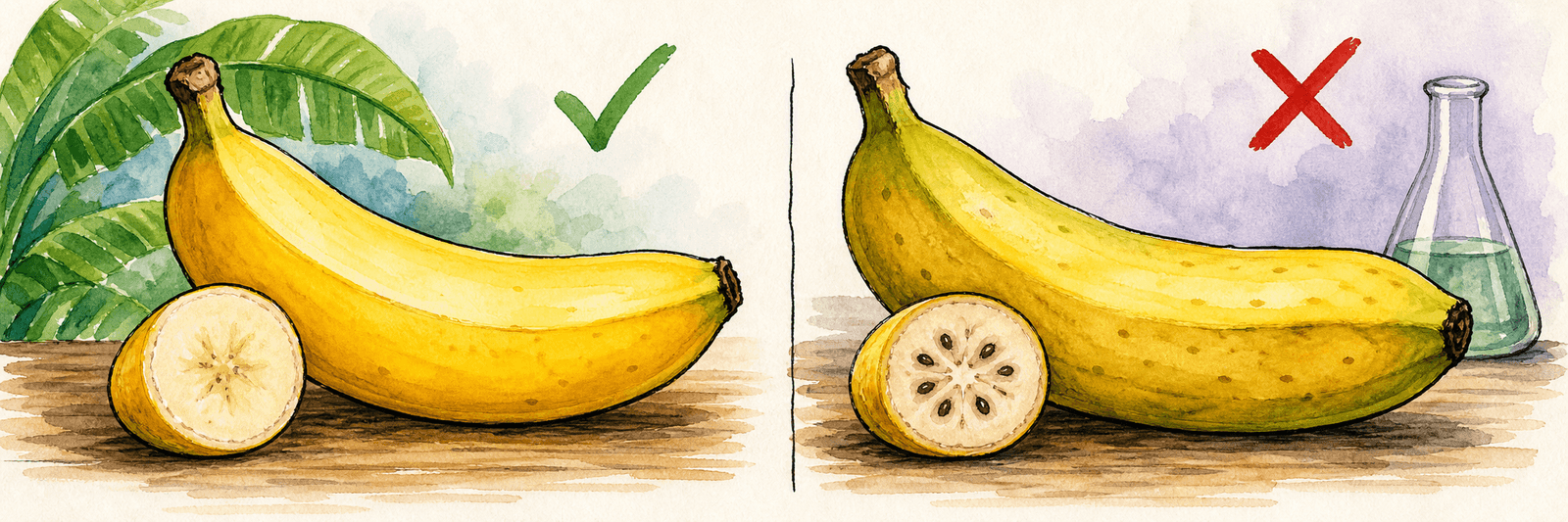 Vergleich einer natürlich kernlosen Banane mit einer hormonbehandelten Frucht