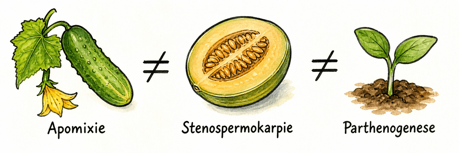 Drei beschriftete Icons grenzen Parthenokarpie, Stenospermokarpie und Parthenogenese voneinander ab