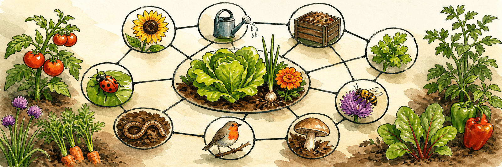 Garten-Elemente, durch Beziehungslinien verbunden statt als isolierte Einzelteile