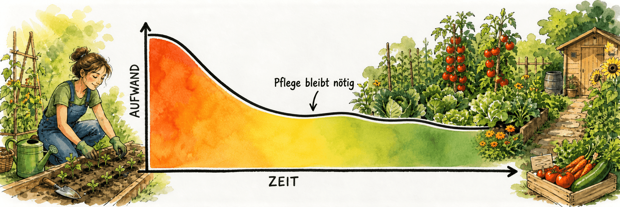 Schematische Aufwand-Zeit-Kurve: Aufbauarbeit kann abnehmen, laufende Pflege bleibt nötig