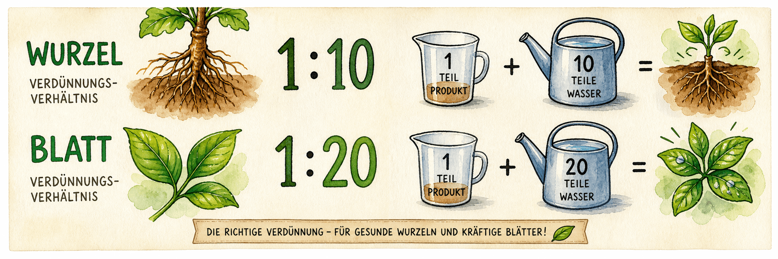 Verdünnung 1:10 für die Wurzel, 1:20 für das Blatt, niemals unverdünnt