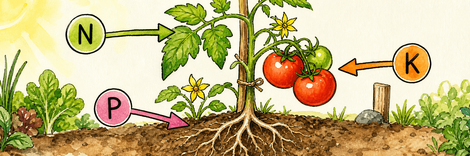 Pflanze mit drei beschrifteten Pfeilen: Stickstoff zum Blatt, Phosphor zu Wurzel und Blüte, Kalium zu Frucht und Festigkeit