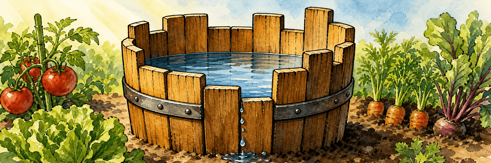 Ein Fass mit unterschiedlich hohen Dauben — die kürzeste Daube begrenzt den Wasserstand