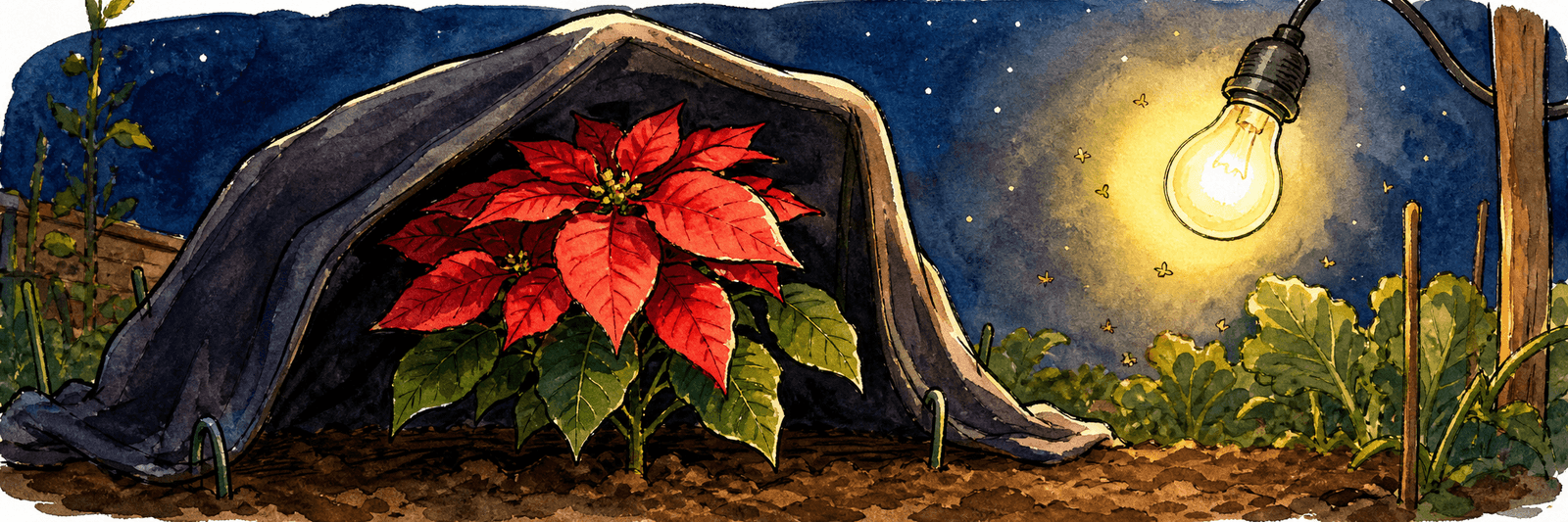 Weihnachtsstern blüht unter einer Abdeckung; eine Glühbirne unterbricht die Nacht und stört die Blüte