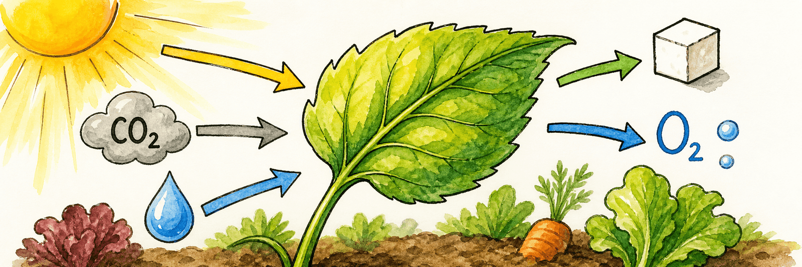 Blatt mit Sonne, CO₂ und Wasser als Eingang sowie Zucker und Sauerstoff als Ausgang, durch beschriftete Pfeile verbunden
