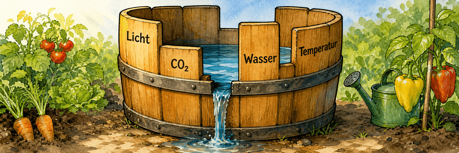 Minimum-Tonne mit unterschiedlich hohen Dauben, beschriftet mit Licht, CO₂, Wasser und Temperatur; die kürzeste Daube begrenzt den Füllstand