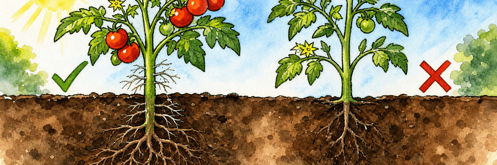 Vergleich: eine Tomate tiefer gesetzt mit neuen Wurzeln am Stängel gegenüber einer anderen Pflanze auf normaler Höhe
