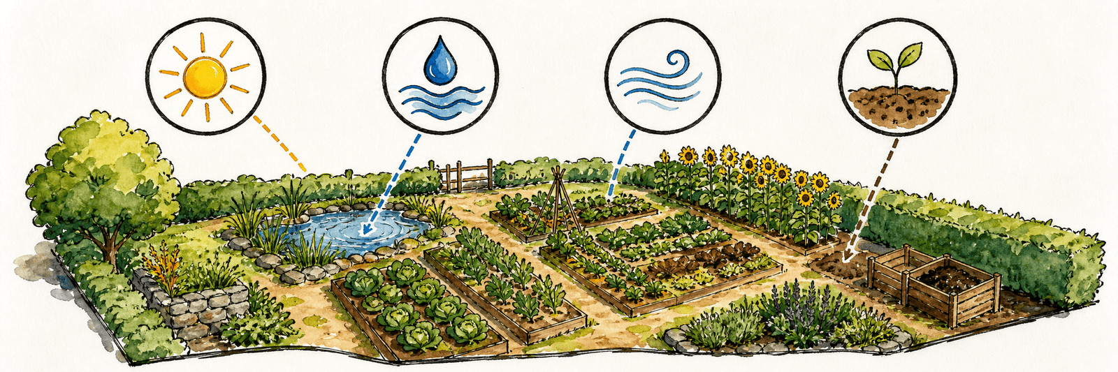 Standortanalyse mit Icons für Sonne, Wasser, Wind und Boden über einem Gartenplan