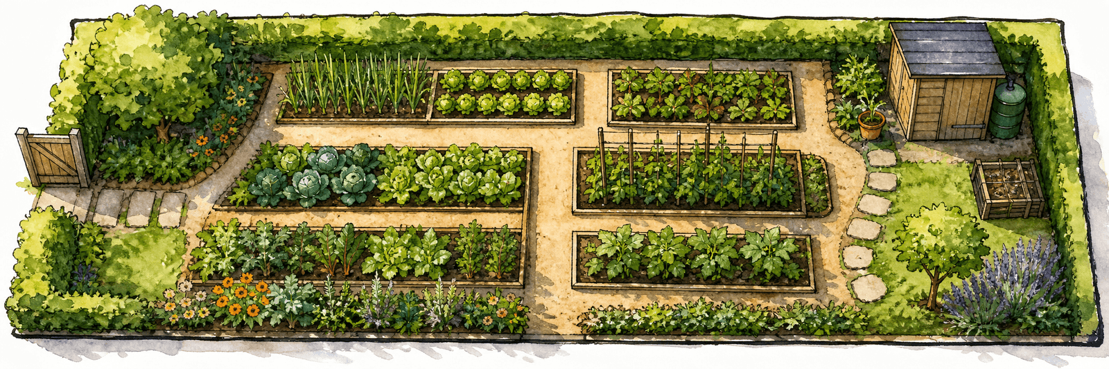 Gartenplan, der Funktion und Schönheit verbindet, mit bewusst gewählten Wegen und Beetbreiten