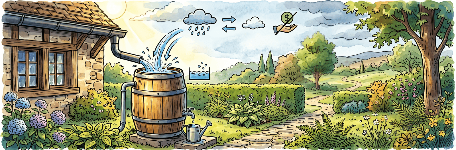 Regentonne sammelt weiches, kalkarmes und kostenloses Regenwasser, dargestellt mit Icons