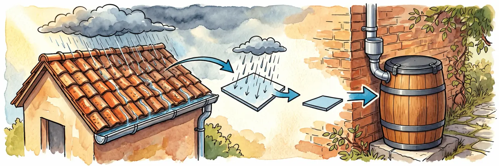 Regen auf einem geneigten Dach, daneben die waagerechte Projektionsfläche und eine geschlossene Regentonne