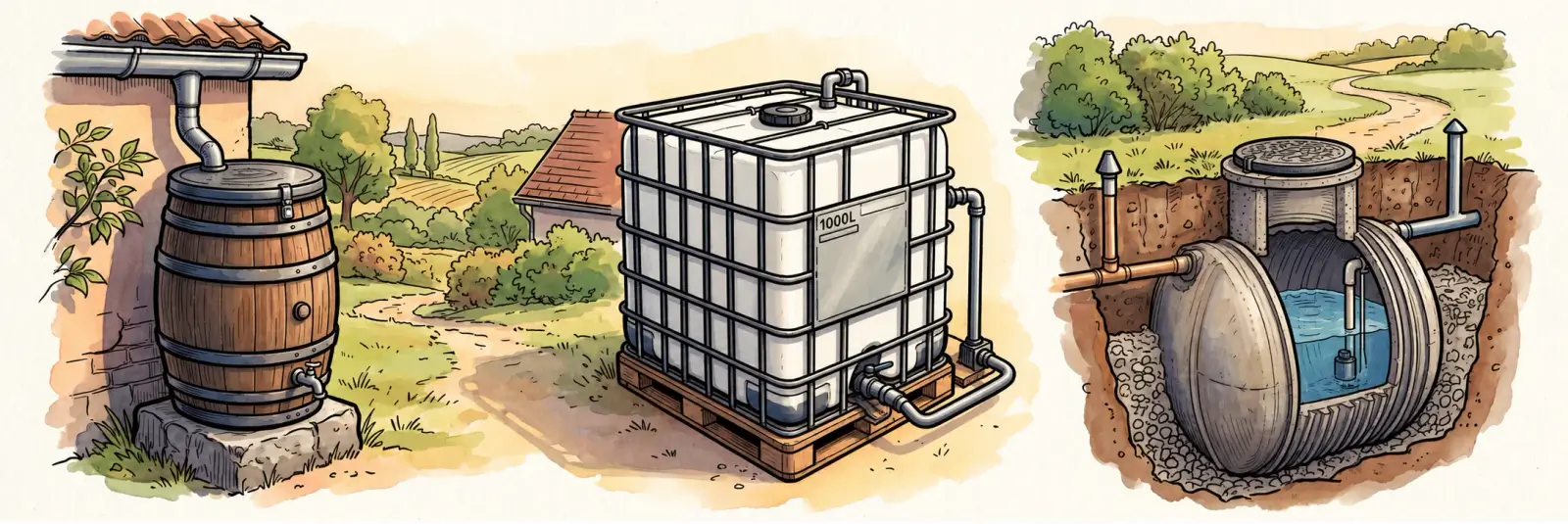 Geschlossene Regentonne, IBC mit 1000-Liter-Markierung und unterirdische Zisterne im schematischen Schnitt
