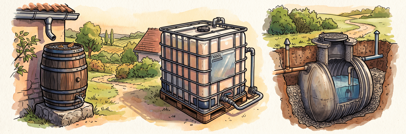 Drei Speicheroptionen nebeneinander: Regentonne, IBC-Tank mit rund 1000 Litern und unterirdische Zisterne