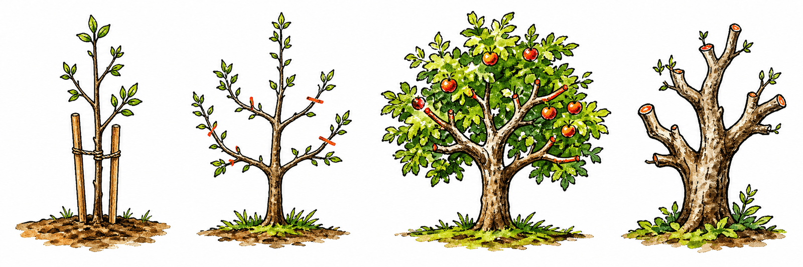 Vier Baum-Icons für die Schnittarten: Pflanz-, Erziehungs-, Erhaltungs- und Verjüngungsschnitt