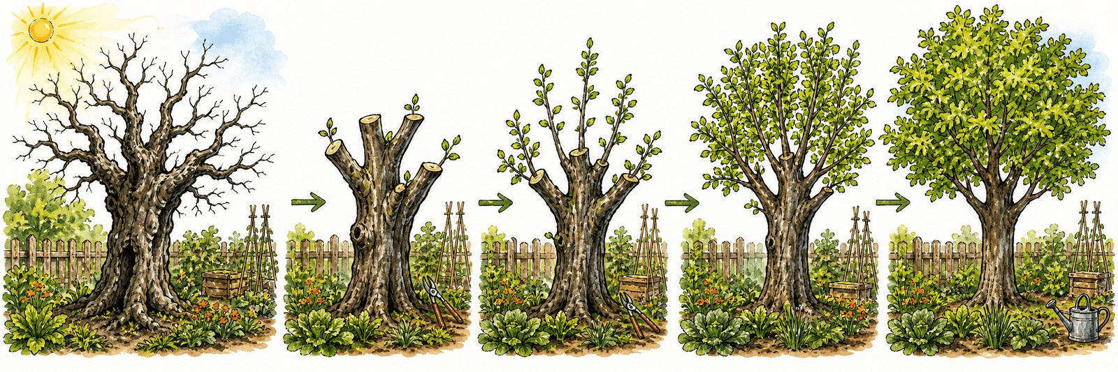Alter, vergreister Baum wird über mehrere Jahre stufenweise verjüngt