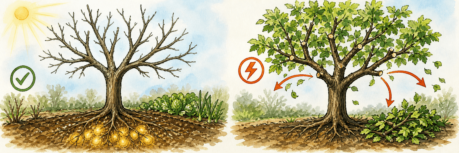 Blattloser Baum in Saftruhe behält seine Reserven, belaubter Baum verliert durch Schnitt Energie