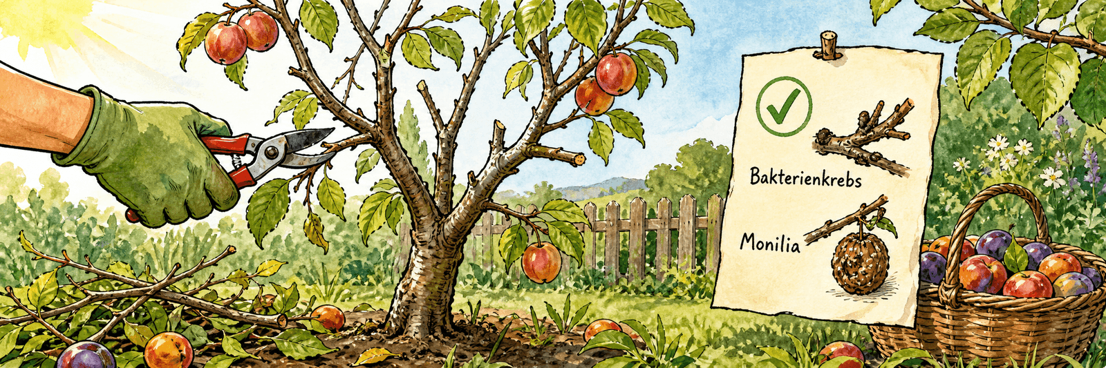 Steinobstbaum wird nach der Ernte geschnitten, mit Warnhinweis auf Bakterienkrebs und Monilia