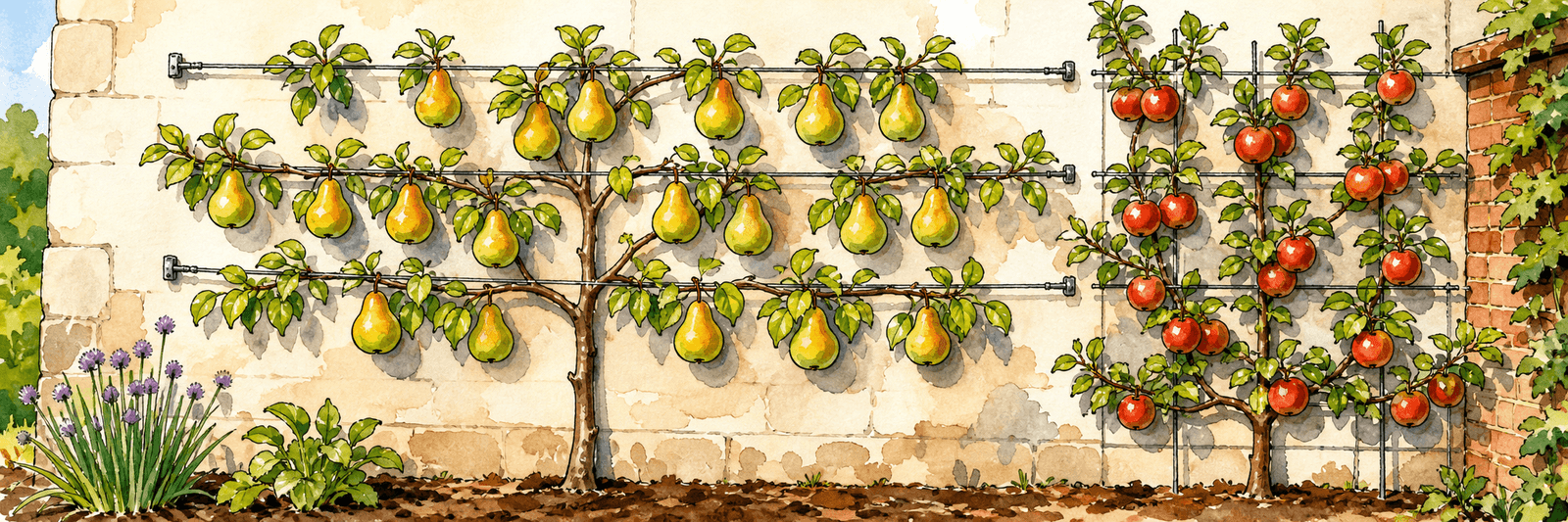 Obstbaum flach in zweidimensionaler Ebene an Drähten und einer Mauer erzogen