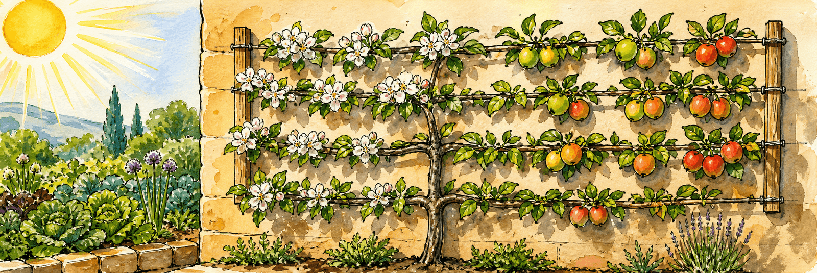 Spalier an warmer Südwand mit voller Sonne, früherer Blüte und früherer Reife