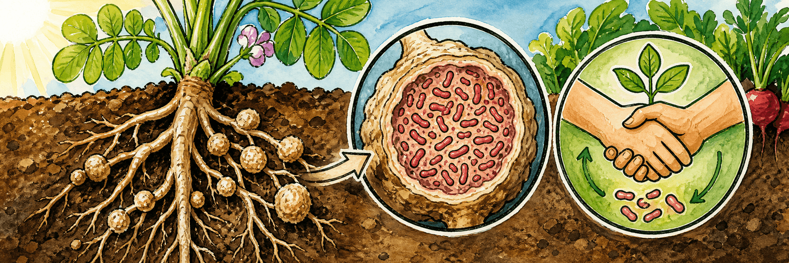 Leguminosenwurzel mit Knöllchen voller Rhizobien, Symbol für die Symbiose von Pflanze und Bakterium