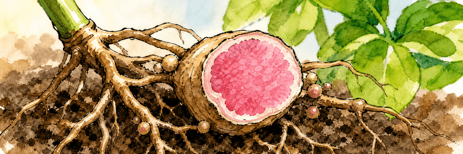Aufgeschnittenes Wurzelknöllchen mit rosa Innerem als Zeichen aktiver Stickstofffixierung