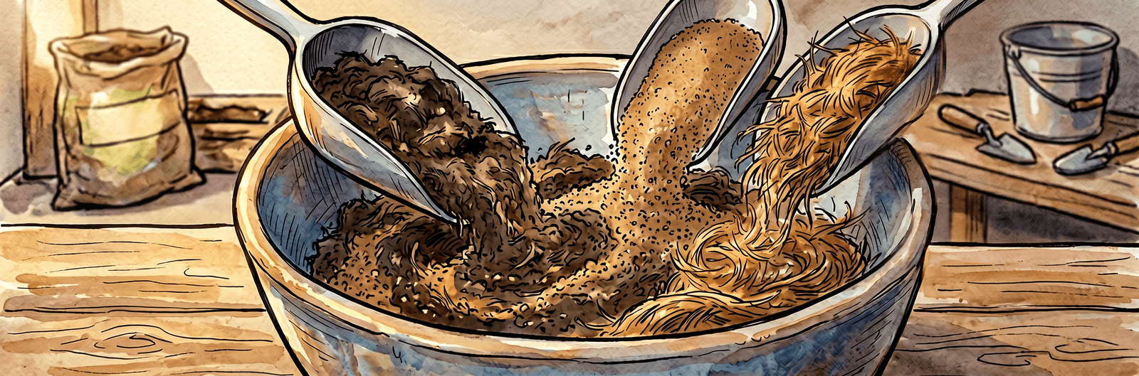 Schüssel, in der drei Portionen gemischt werden: ein Teil Kompost, ein Teil Sand, ein bis zwei Teile Kokos- oder Holzfaser