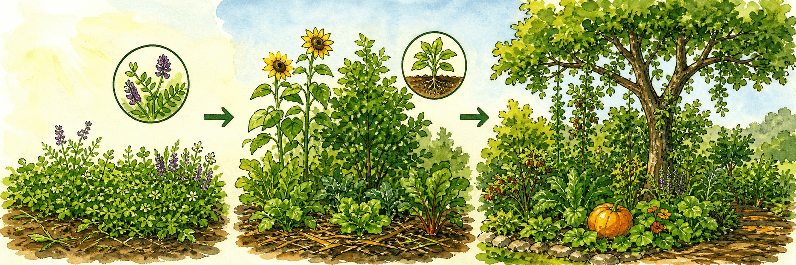 Gelenkte Sukzession mit Gründüngung, Ammenpflanzen und einem mehrschichtigen Waldgarten