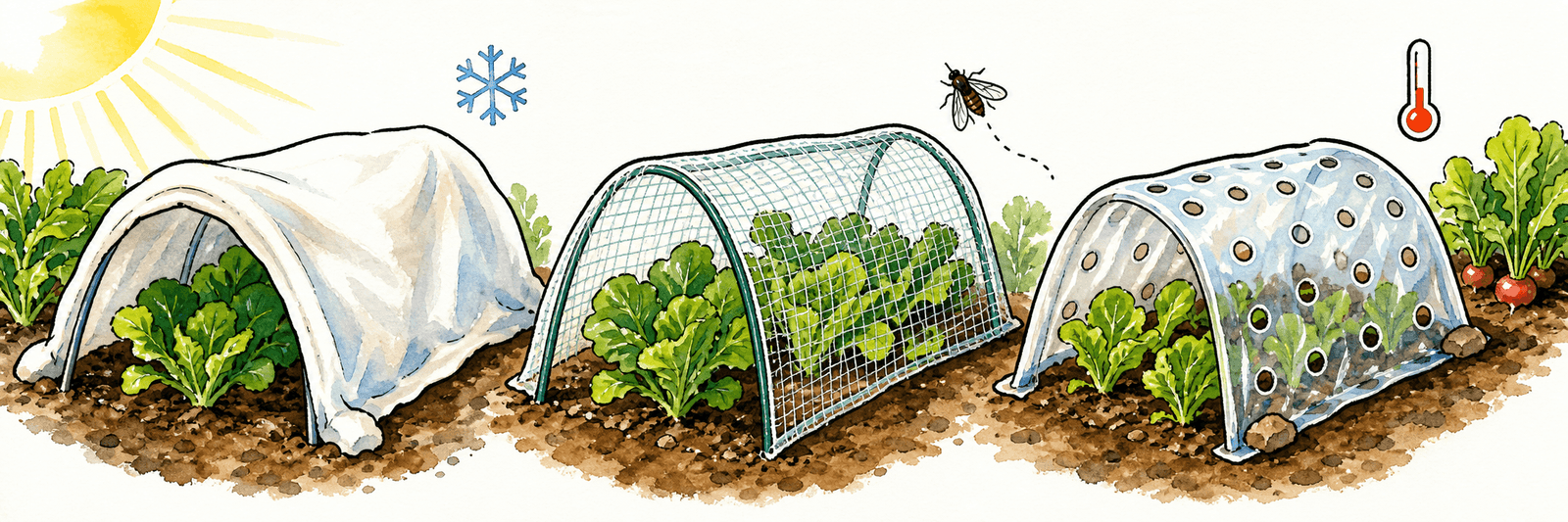 Drei Abdeckungen im Vergleich: Vlies gegen Kälte, Netz gegen Insekten, Lochfolie für Frühwärme