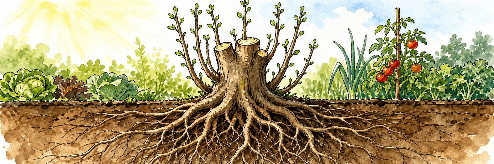 Stark geschnittener Baum mit kleiner Krone, dessen großes Wurzelsystem die Krone übersteuert und Wassertriebe auslöst