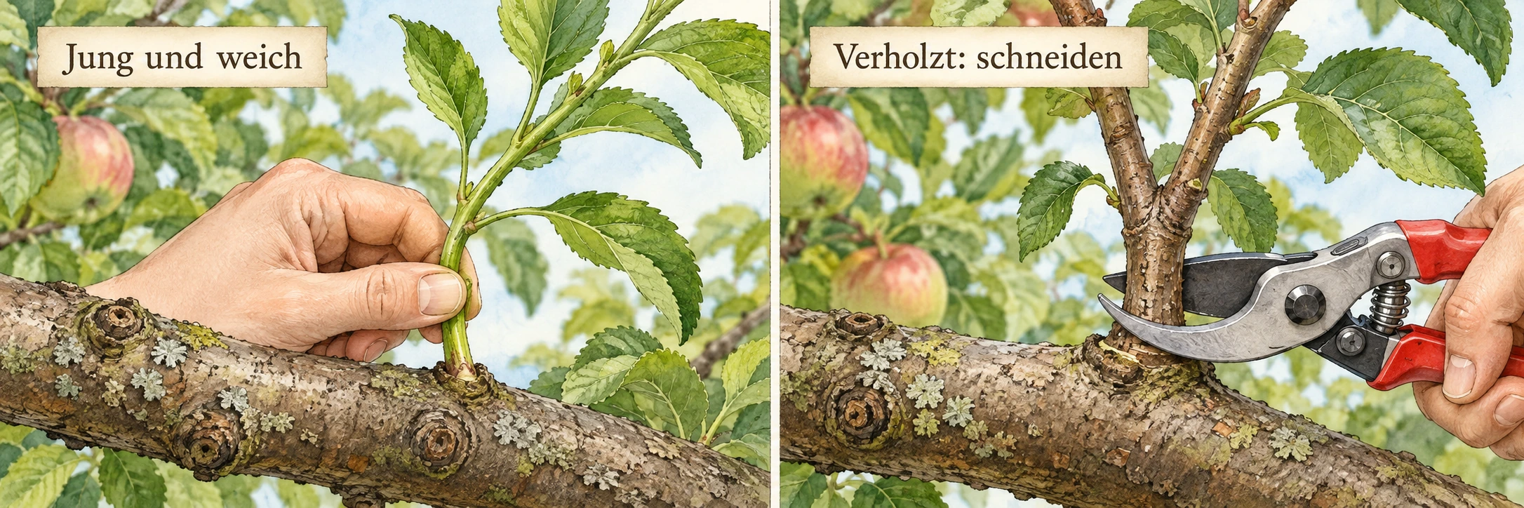Vergleich am Apfelbaumast: Eine Hand greift einen weichen Jungtrieb an der Basis; ein verholzter Trieb wird mit der Schere am Ansatz geschnitten