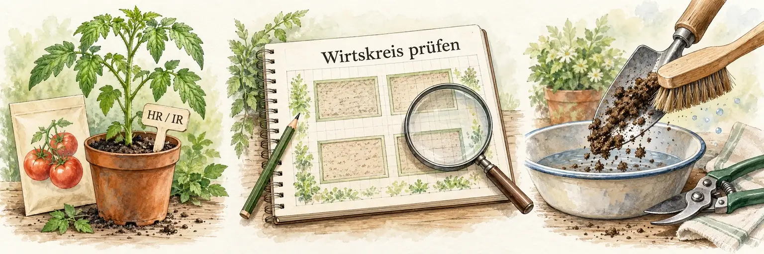 Vorbeugung durch Prüfung der HR- und IR-Resistenzangaben, einen Beetplan mit Wirtskreisprüfung und das Entfernen von Erde vom Werkzeug