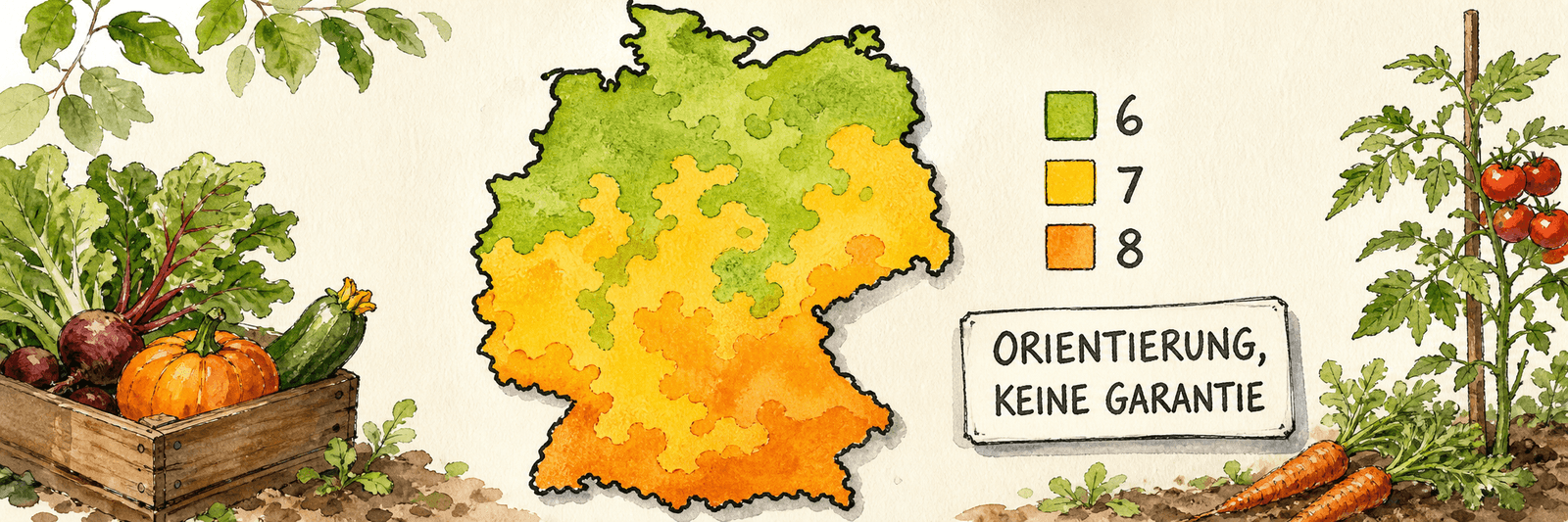 Winterhärtezonen-Karte Deutschlands mit den Zonen 6 bis 8 als Orientierung, aber keine Garantie