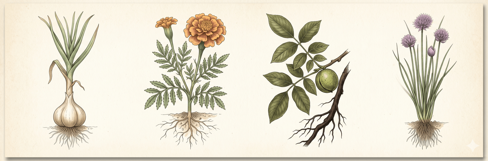 Botanische Tafel der wichtigsten allelopathischen Pflanzen: Knoblauchknolle (Allicin), Tagetes in Blüte (α-Terthienyl), Walnusszweig mit grüner Frucht (Juglon), Schnittlauch mit lila Blüten (Schwefelverbindungen) – jede Pflanze mit sichtbarer Wurzelchemie