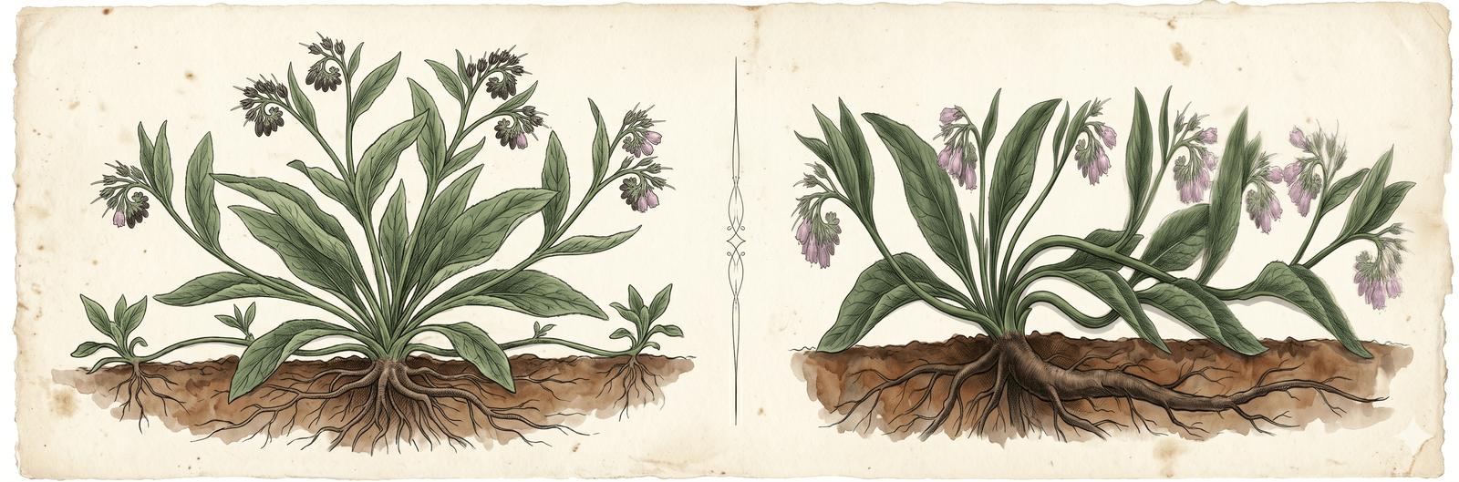 Botanischer Vergleich Bocking 14 vs. Wild-Beinwell: links Wild-Beinwell mit Samenständen und Ausläufern, rechts die sterile Bocking-14-Hybride – beides als detaillierte Spezimen-Tafel mit Wurzelsystemen