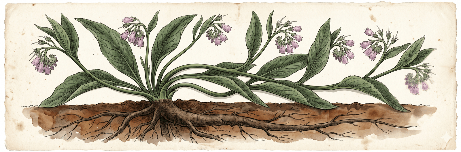 Botanisches Portrait der Bocking-14-Sorte: vollständige Beinwellpflanze mit tiefer Pfahlwurzel im Bodenquerschnitt, kräftige Stiele mit breiten lanzettlichen Blättern, herabhängende Trauben aus rosa-violetten Glockenblüten – klassischer Spezimen-Plate-Stil