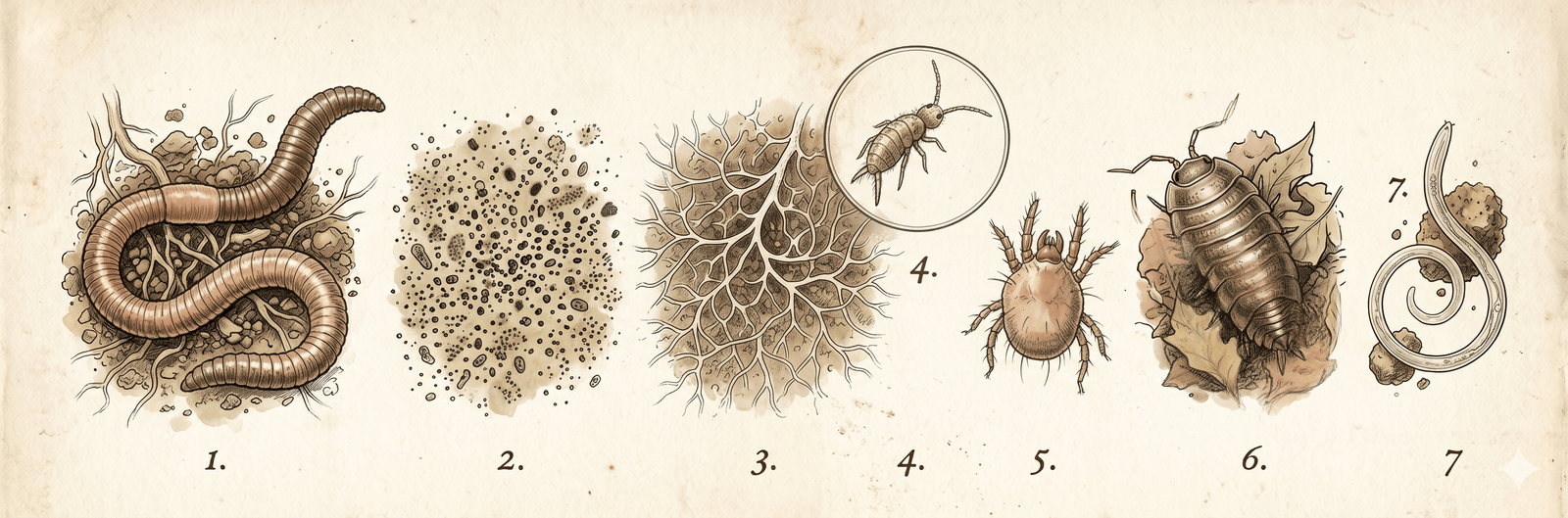 Naturhistorische Tafel der sieben Bodenleben-Gruppen: großer Regenwurm, Bakterien-Kolonien als kleine Punkte, Pilz-Hyphen-Netz, vergrößerter Springschwanz, Bodenmilbe, gebogene Assel, mikroskopische Nematode – jeweils als nummeriertes Spezimen­objekt im klassischen taxonomischen Stil