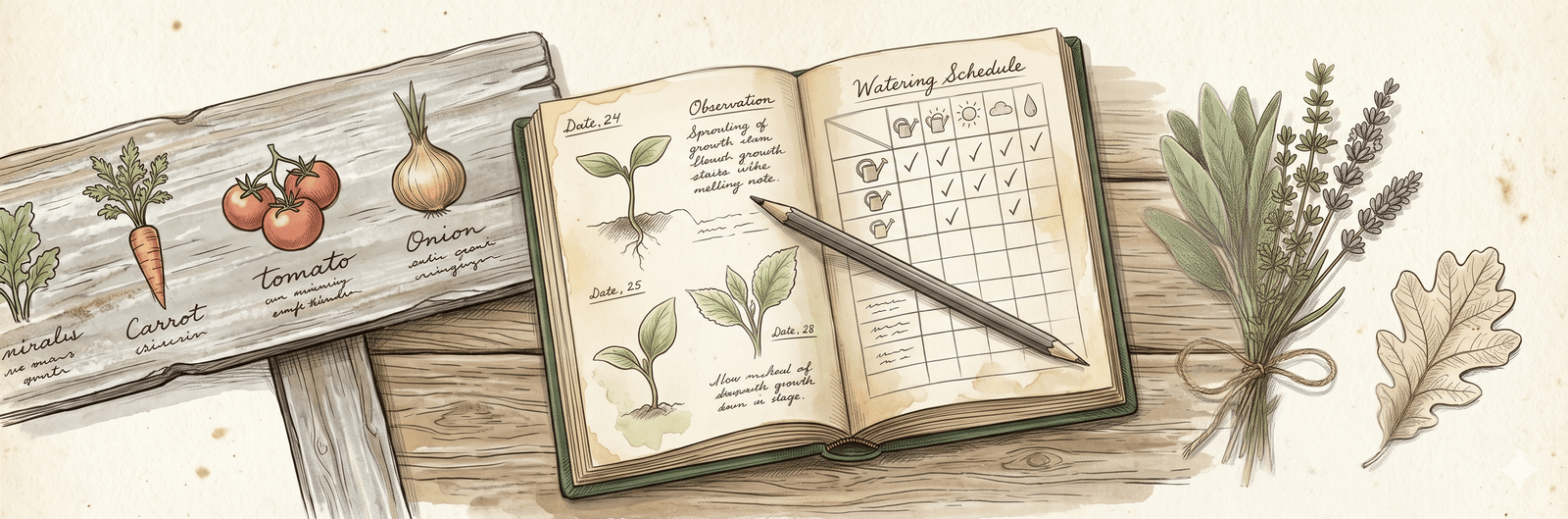 Stillleben mit Gemeinschaftsgarten-Dokumentation: verwitterte Beet-Markierungs­tafel aus Holz mit gemalten Pflanzen­symbolen, in der Mitte ein leinen­gebundenes offenes Log­buch mit handgezeichneten Pflege-Notizen, Bleistift, frisch geerntete Kräuter und gepresstes Blatt