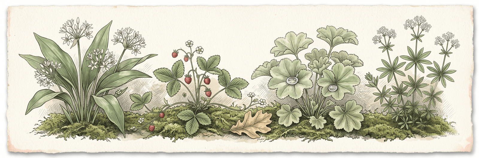Schatten-Gilde im Detail: Bärlauch mit breiten Blättern und weißen Sternblüten, Walderdbeere mit roten Früchten, Frauenmantel mit gewellten Blättern und Tautropfen, Waldmeister mit Quirlblättern – die typischen Begleiter unter Bäumen