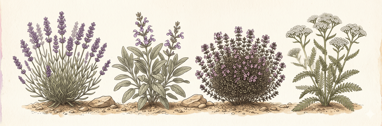 Botanische Tafel einer trockenheitsverträglichen Mediterran-Gilde: Lavendel in voller Blüte, Salbei mit grau-grünen Blättern, buschiger Thymian und Schafgarbe mit feinen Blättern auf trockenem, kiesigem Boden