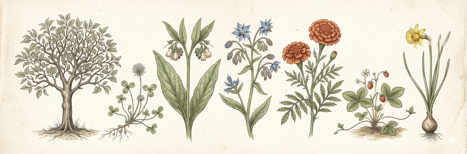 Botanische Tafel der sieben Gildenrollen: Apfelbäumchen als Anker, Weißklee als Stickstoffsammler, Beinwell als Mineralien-Speicher, Borretsch als Bestäuberpflanze, Tagetes als Schädlingsabwehr, Walderdbeere als Bodendecker und Narzisse als Grasunterdrücker
