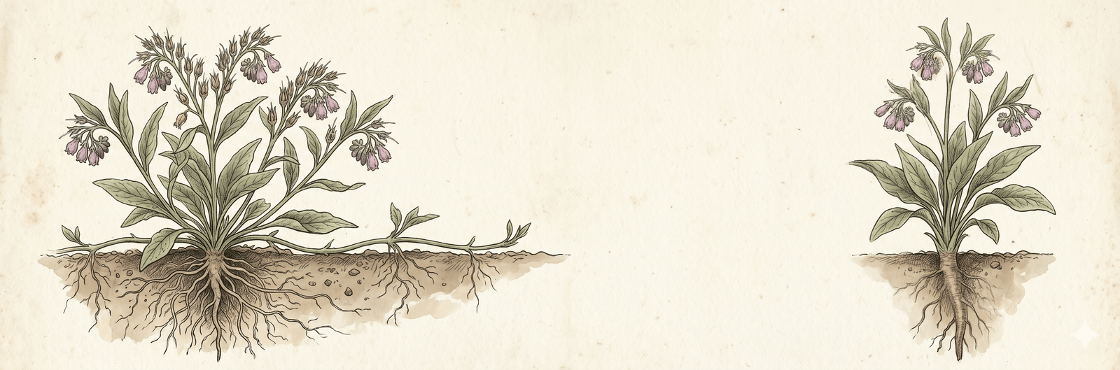 Botanischer Vergleich: links Wild-Beinwell mit vielen Samenständen und sichtbaren Ausläufern, rechts die sterile Bocking-14-Sorte ohne Samen – der eine wuchert, der andere bleibt stehen