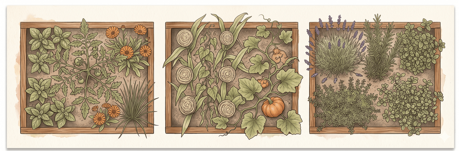 Drei kleine Hochbeete von oben nebeneinander: Tomaten-Gilde mit Basilikum, Ringelblume und Schnittlauch; Drei-Schwestern mit Mais, rankender Bohne und kleinem Hokkaido-Kürbis; mediterrane Kräuter-Gilde mit Lavendel, Rosmarin, Thymian und Oregano
