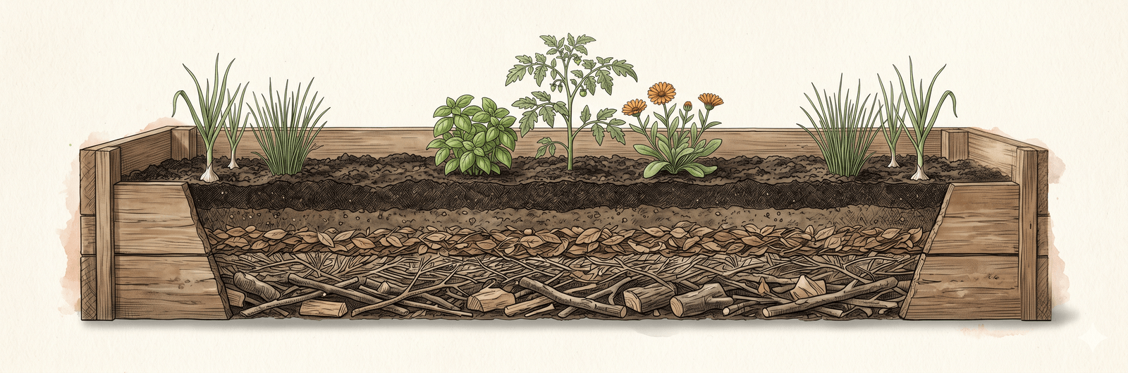 Seitlicher Querschnitt durch ein Holz-Hochbeet: charakteristische Füllung von unten – grobe Äste, feinere Zweige, Laubkompost, Gartenerde, oben reiche Pflanzerde – und darauf eine kleine Gildenkomposition mit jungen Tomaten-, Basilikum-, Ringelblumen-, Knoblauch- und Schnittlauchpflanzen