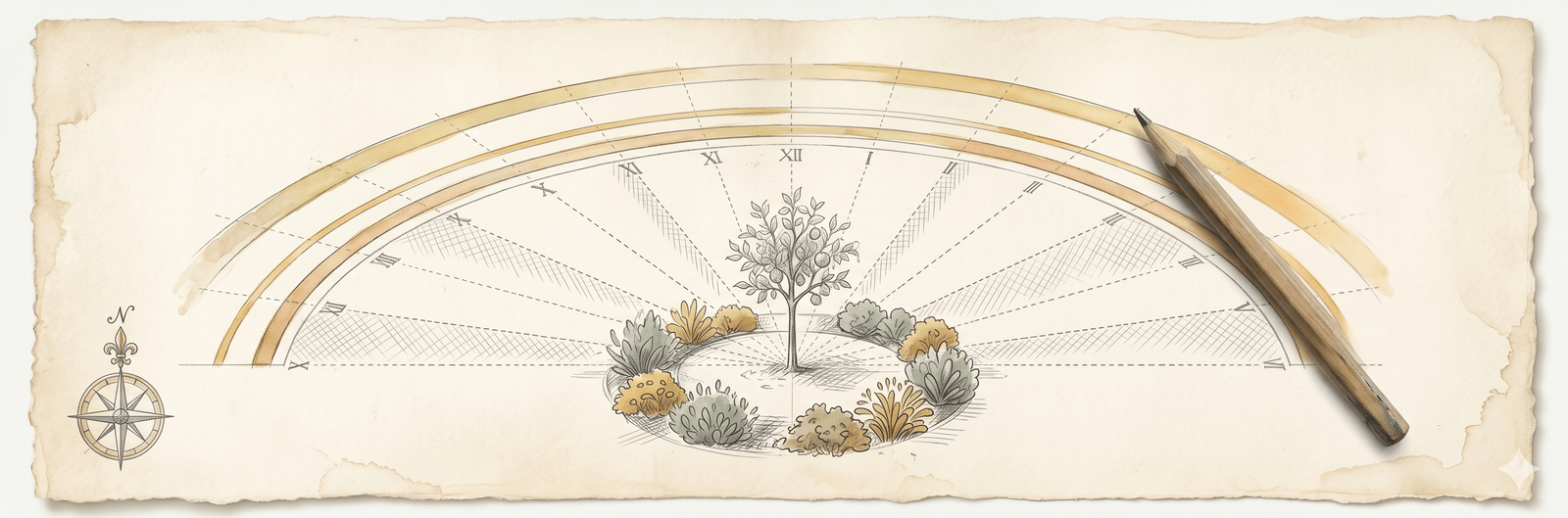 Sonnenstand-Diagramm auf Pergament: kleines Gartenbeet mit jungem Obstbaum, Sonnenbögen zwischen Sonnenaufgang und Sonnenuntergang, gestrichelte Schatten-Linien für verschiedene Stunden, kleine Kompass-Rose