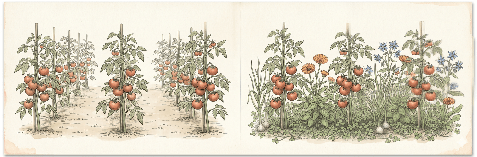 Botanische Vergleichs-Szene: links eine ordentliche Reihe Tomatenpflanzen in Monokultur mit sparsamer Bodenbedeckung, rechts dieselbe Anzahl Tomaten umgeben von Basilikum, Ringelblume, Borretsch, Knoblauch und Kleeteppich – die Vielfalt visuell sofort erkennbar
