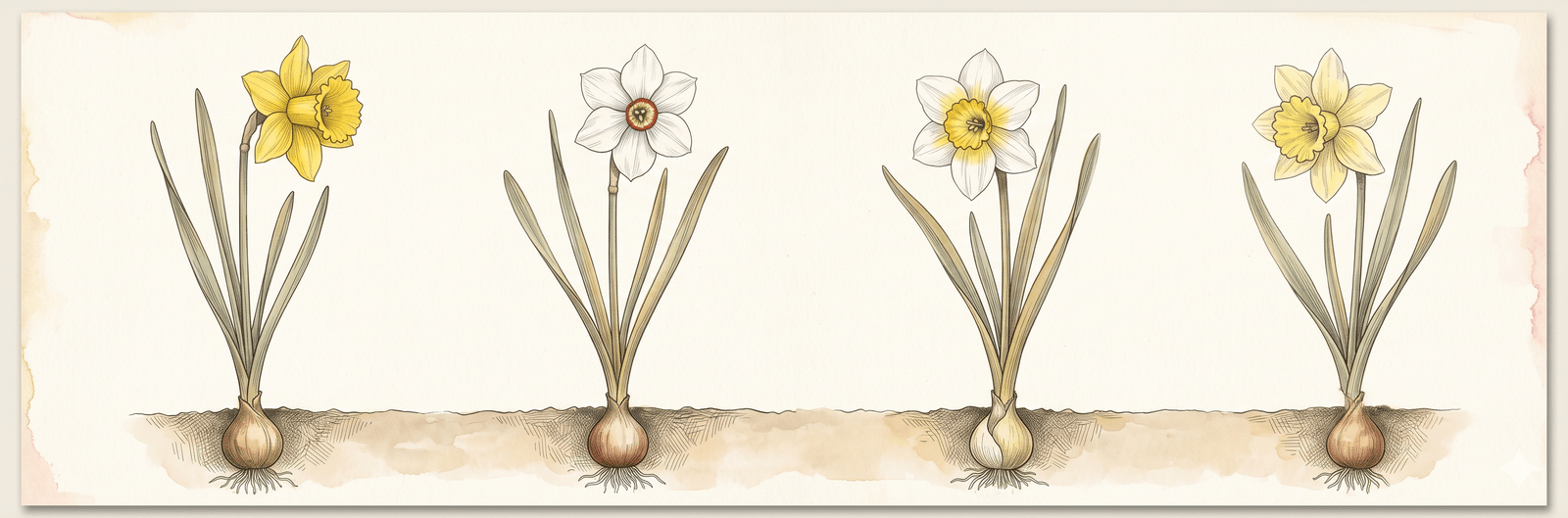 Botanische Spezimen-Tafel verschiedener Narzissen-Sorten: hohe Trompetennarzisse mit hellgelber Blüte, Dichternarzisse mit weißen Blütenblättern und rot gerandeter Nebenkrone, gelb-weiße Bicolor-Sorte, Wild-Lent-Lilie mit blassgelben Blüten – jede mit Zwiebel und Wurzeln im Bodenquerschnitt