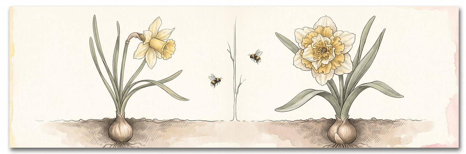 Vergleich: links eine zarte Wild-Lent-Lilie mit blassgelber natürlicher Blüte und schmalen Blättern, rechts eine üppige modernen Hybride mit gerüschten Doppelblüten – zwei kleine Hummeln zwischen den Pflanzen, beide Zwiebeln im Bodenquerschnitt