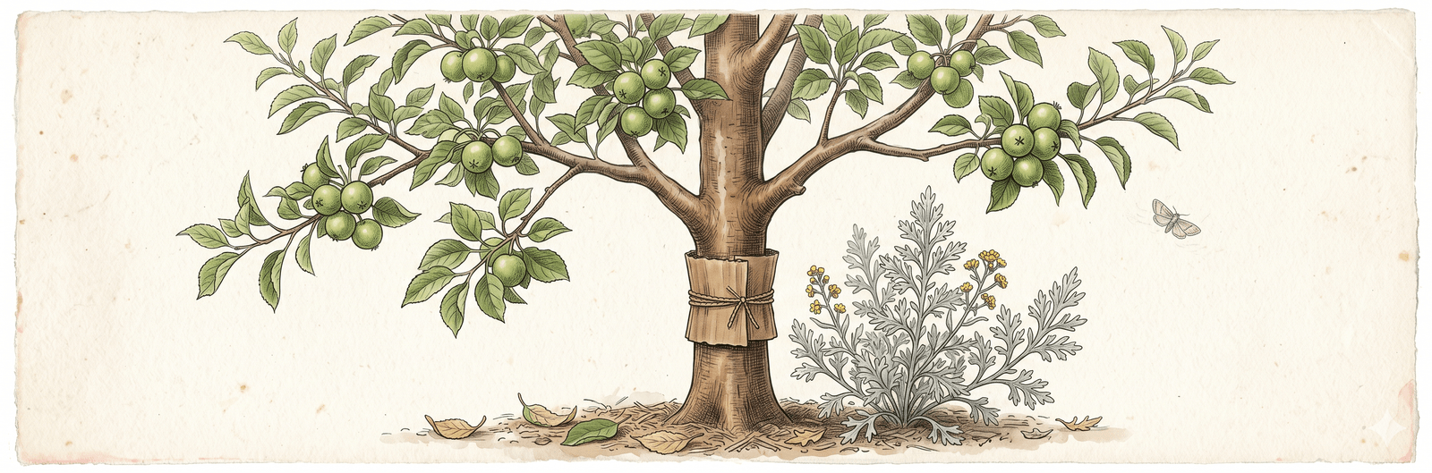 Apfelbaum mit Wermut-Schutz am Stamm: zentraler junger Apfelbaum mit Blättern und kleinen grünen Früchten, ein kräftiger Wermut mit silbrigem Laub und gelben Blüten am rechten Stammfuß, ein Apfelwickler (Codling moth) wendet sich faint im Flug ab, Wellpappe um den Stamm als Fanggürtel