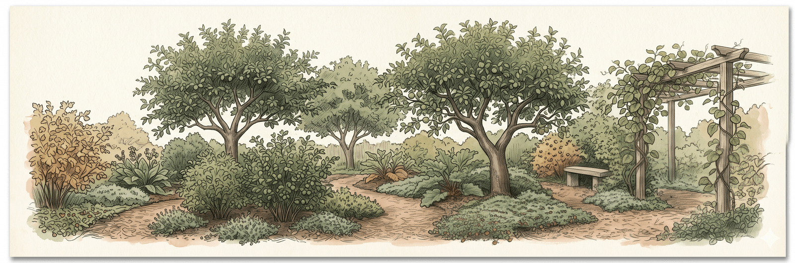 Robert Harts kleiner Waldgarten in Shropshire von oben: Mulchpfad, ausgewachsene Apfelbäume mit voller Krone, dichte Johannisbeer- und Stachelbeersträucher, Beinwell und Rhabarber, Kiwi-Pergola, Steinbank am Rand – britische Landschaftsromantik