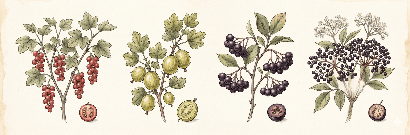Strauchschicht-Studie als botanische Tafel: roter Johannisbeerstrauch, Stachelbeere mit grün-gelben Früchten, Aronia mit tiefdunklen Beeren, Schwarzer Holunder mit Dolden – die typische mittlere Etage eines Waldgartens